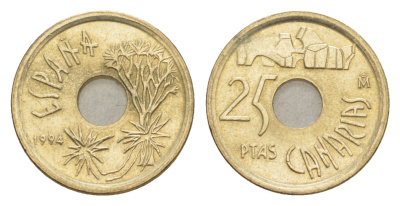 Испания 25 песет 1994 Канарские острова (CANARIAS), Хуан Карлос I (1975-2014) KM 933 алюминиевая бронза UNC 4647-1118
