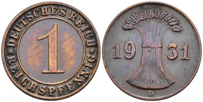 ГЕРМАНИЯ 1 РЕЙХСПФЕННИГ 1931 D KM 37, J. 313, Weege 2 бронза 4547-156