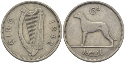 ИРЛАНДИЯ 6 ПЕНСОВ 1942 СОБАКА KM 13а медно-никель 177-735