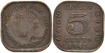 Цейлон 5 центов 1945 Георг VI (1937-1952) KM 113.2 никель латунь 4605-656