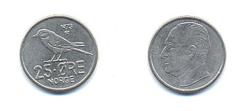 Норвегия 25 эре 1973 Улаф V (1958-1991), синица KM 407 медно-никель 4379-968