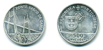 ПОРТУГАЛИЯ 500 ЭСКУДО 1998 МОСТ ВАСКО ДЕ ГАММА KM 705 серебро UNC 7-5-25-41