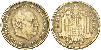 Испания 2,5 песеты 1953 (61) Франсиско Франко (1939-1975) KM 785 алюминиевая бронза 213-151