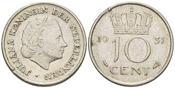 Нидерланды 10 центов 1951 Юлиана (1949-1980) KM 182 никель 214-1142