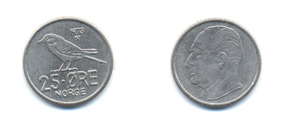 Норвегия 25 эре 1973 Улаф V (1958-1991), синица KM 407 медно-никель 4379-968