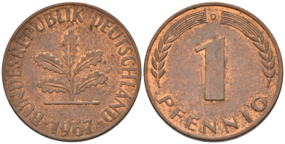 ФРГ 1 пфенниг 1967 D KM 105, J. 380 сталь плакированная медью    4115-122