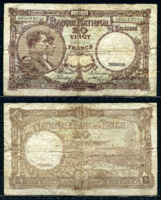 Бельгия 20 франков 1943 18.01.1943, Король Альберт I и его жена Королева Елизавета, Гран-Плас / Гроте Маркт, Брюссель Pick 111 (2) бумага 6301-34-1-2