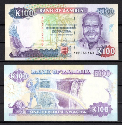 Замбия 100 квач ND (1991) Кеннет Каунда, буйвол, водопад Виктории Pick 34 а бумага UNC (пресс) 7214-28-3-2