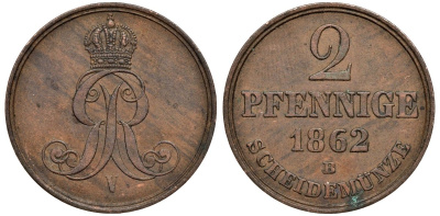 Брауншвейг-Каленберг-Ганновер 2 пфеннига 1862 B, Георг V (1851-1866) KM 234, AKS 153, J. 91 медь 4142-312
