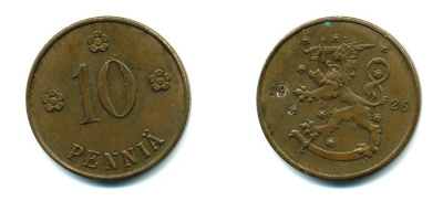Финляндия 10 пенни 1926 республика (1918-1962) KM 24 медь 46-1527