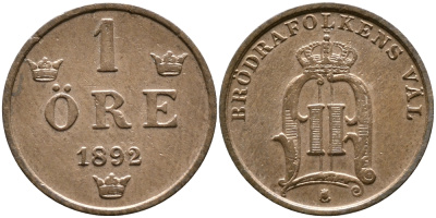 Швеция 1 эре 1892 Оскар II (1872-1907) король Швеции и Норвегии, редкий год KM 750 бронза 176-855