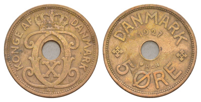 Дания 5 эре 1927 HCN, Кристиан X (1912-1947) KM 828 бронза 4657-234