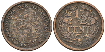 Нидерланды 1/2 цента 1915 Вильгельмина (1890-1948) KM 138 бронза 4576-358