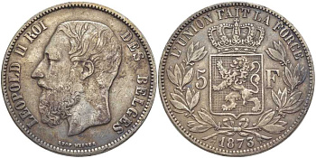 Бельгия 5 франков 1873 Леопольд II (1865-1909), позиция А KM 24 серебро 5010-944