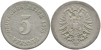 Германия 5 пфеннигов 1875 C, старогербовка KM 3, Jager 3, Weege 5 медно-никель 4387-743
