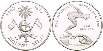 Мальдивские острова 250 руфий 1990 XXV Олимпийские игры в Барселоне 1992 года, плавание KM 85 серебро PROOF 1081-8-12