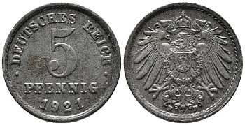 ГЕРМАНИЯ 5 ПФЕННИГОВ 1921 F KM 19, J. 297 железо 39-269