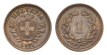 Швейцария 1 раппен 1921 B KM 3.2 бронза aUNC 1529-812