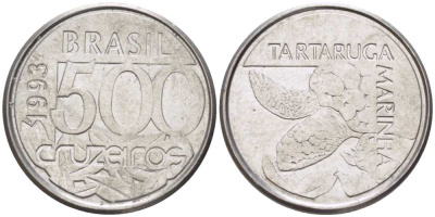 Бразилия 500 крузейро 1993 морская черепаха KM 624 нержавеющая сталь 26-511