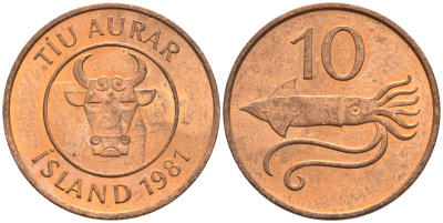 Исландия 10 эйре 1981 кальмар KM 25 бронза 4154-354