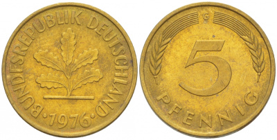 ФРГ 5 ПФЕННИГОВ 1976 G KM 107, J.382 сталь плакированная латунью 3996-1151