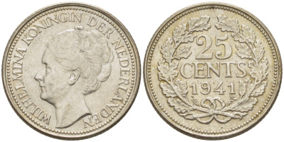 Нидерланды 25 центов 1941 Вильгельмина (1890-1948) KM 164 серебро aUNC 66-1145