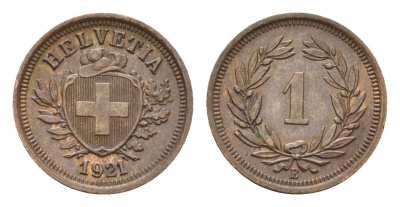 Швейцария 1 раппен 1921 B KM 3.2 бронза aUNC 1529-812