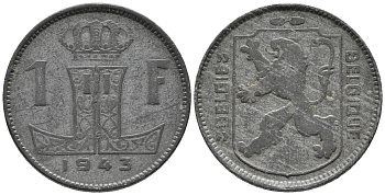 БЕЛЬГИЯ 1 ФРАНК 1943 BELGIE-BELGIQUE KM 128 цинк 34-1135