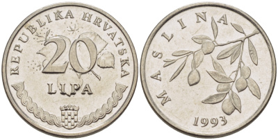 Хорватия 20 лип 1993 олива, легенда на хорватском KM 7 сталь плакированная никелем 66-531