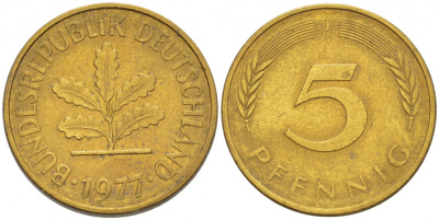 ФРГ 5 ПФЕННИГОВ 1977 J KM 107, J.382 сталь плакированная латунью 4396-1641