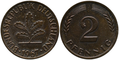 ФРГ 2 пфеннига 1967 J KM 106, J.381 бронза 99-148