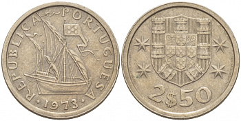 ПОРТУГАЛИЯ 2,5 ЭСКУДО 1973 ПАРУСНИК KM 590 медно-никель 3851-1062