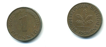ФРГ 1 ПФЕННИГ 1950 D KM 105, J.380 сталь плакированная медью 54-669