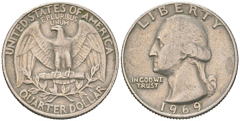 США 25 центов = квотер = 1/4 доллара 1969 Джордж Вашингтон KM 164a медь плакированная медно-никелем 190-1251