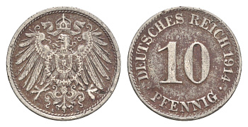 Германия 10 пфеннигов 1914 A, Вильгельм II (1888-1918) KM 12, J. 13 медно-никель 4647-921