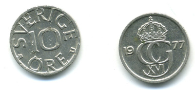 Швеция 10 эре 1977 U Карл XVI Густав (1973- ) KM 850 медно-никель 23-932