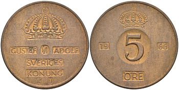 Швеция 5 эре 1966 U, Густав VI Адольф (1950-1973) KM 822 бронза 4557-823