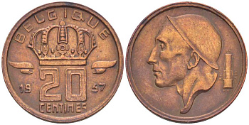 БЕЛЬГИЯ 20 САНТИМОВ 1957 BELGIQUE, БОДУЭН I (1951-1993) KM 146 бронза 3334-1244