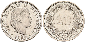 Швейцария 20 раппенов 1990 В KM 29а медно-никель 4563-113