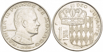 Монако 1 франк 1960 Ренье III (1949-2005) KM 140 никель 4402-646