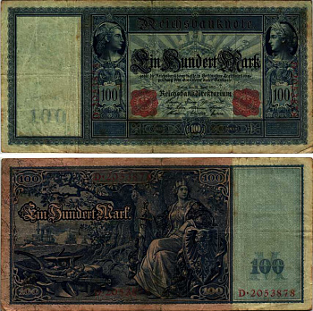 ГЕРМАНИЯ 100 МАРОК 1910 21 АПРЕЛЯ 1910, КРАСНАЯ ПЕЧАТЬ Pick 42 бумага 7191-47-1