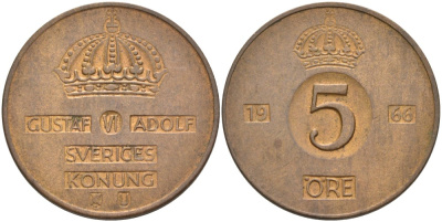 Швеция 5 эре 1966 U, Густав VI Адольф (1950-1973) KM 822 бронза 4557-823