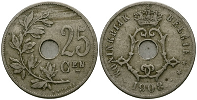 Бельгия 25 сантимов 1908 Belgie KM 63 медно-никель 4165-635