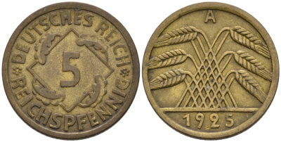 Германия 5 рейхспфеннигов 1925 A KM 39, J. 316, Weege 7 алюминиевая бронза 4567-1035