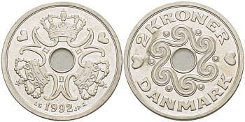 ДАНИЯ 2 КРОНЫ 1992 LG; JP; A, МАРГРЕТЕ II (1972-) KM 874.1 медно-никель 67-624