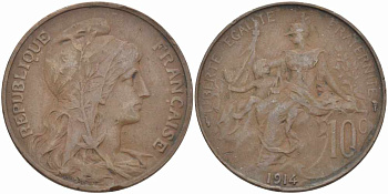 ФРАНЦИЯ 10 САНТИМОВ 1914 ТИП ДАНИЭЛЬ ДЮПЮИ KM 843, LA FRANC 136.24 бронза 109-336