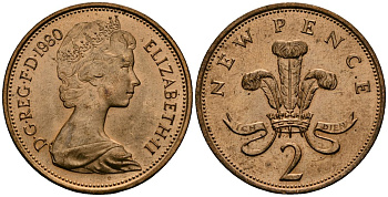 Великобритания 2 пенса 1980 Елизавета II (1952-2022) KM 916, Spink 4235 (C1) бронза 4381-1013