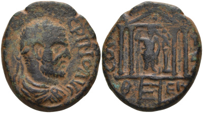 Римская Империя, Провинция Сирия, Финикия, Берит AE 217 - 218 Макрин, бюст императора / Ника, возлагающая венок на Астарту в храме, 12,29 гр, 24 мм BMC 162 бронза 1100-4-34