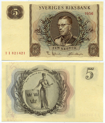 Швеция 5 крон 1956 Pick 42c бумага UNC (пресс) 7523-3-1