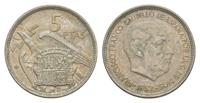 Испания 5 песет 1957 (75) KM 786 медно-никель 4633-425